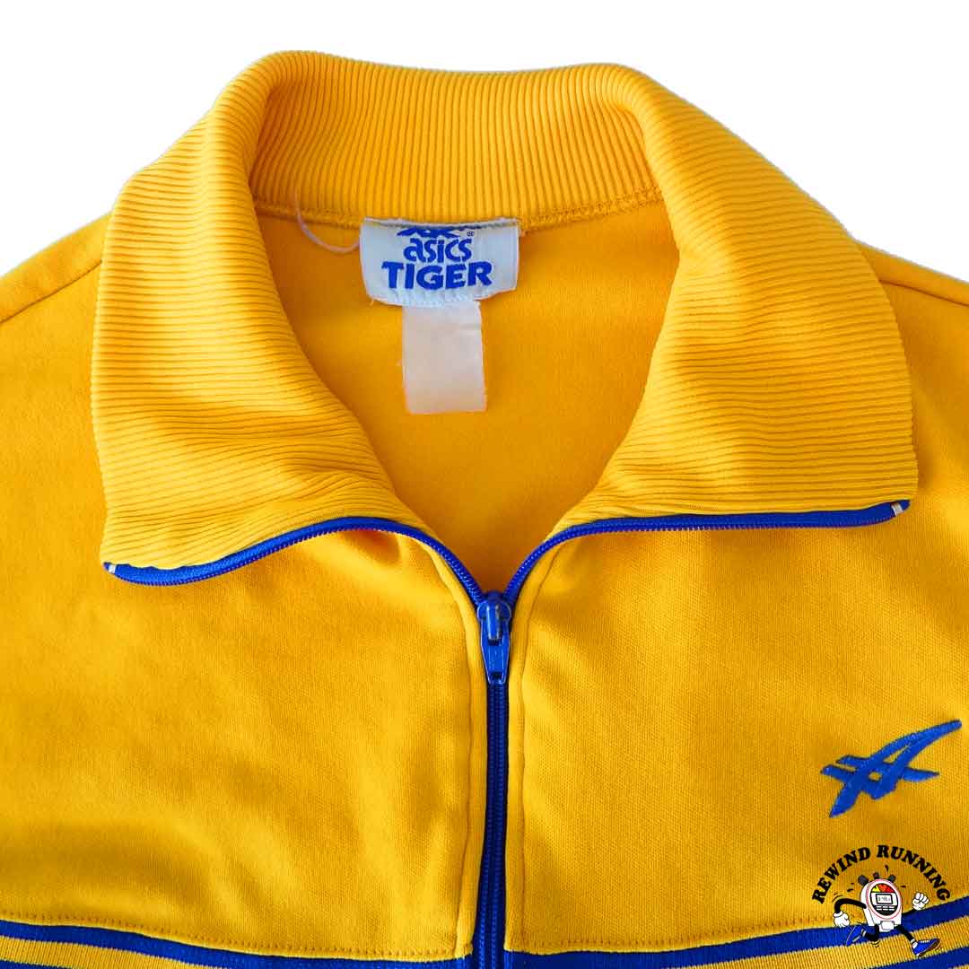 Asics Tiger Vintage 70s 80s Yellow and Blue Striped Track Jacket Large