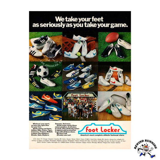 Foot Locker 1979 vintage sneaker print ad featuring Nike, Adidas, Puma, Etonic, Brooks, New Balance and Tiger running shoes