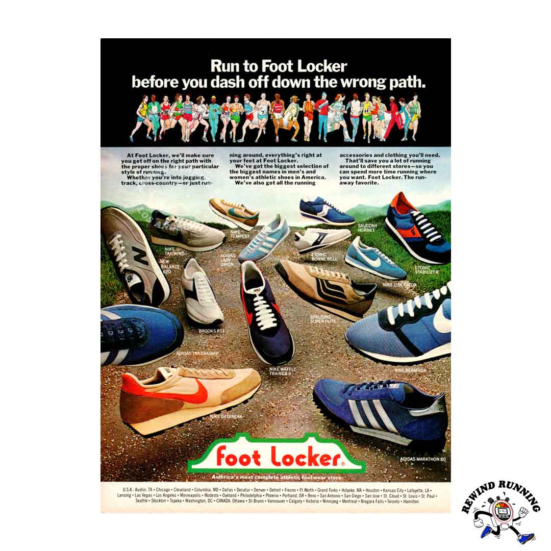 Foot Locker 1980 Vintage Sneaker Print Ad featuring Nike, Adidas, Spalding, Saucony, Brooks and New Balance Running Shoes