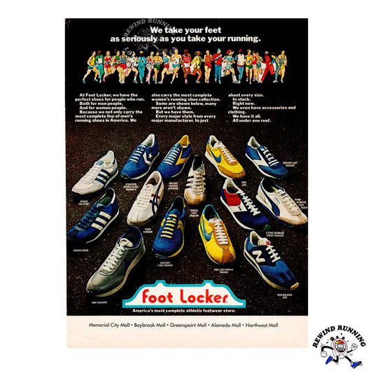 Foot Locker 1978 vintage sneaker print ad featuring Nike, Adidas, Converse, Puma, Saucony, Brooks and Tiger running shoes