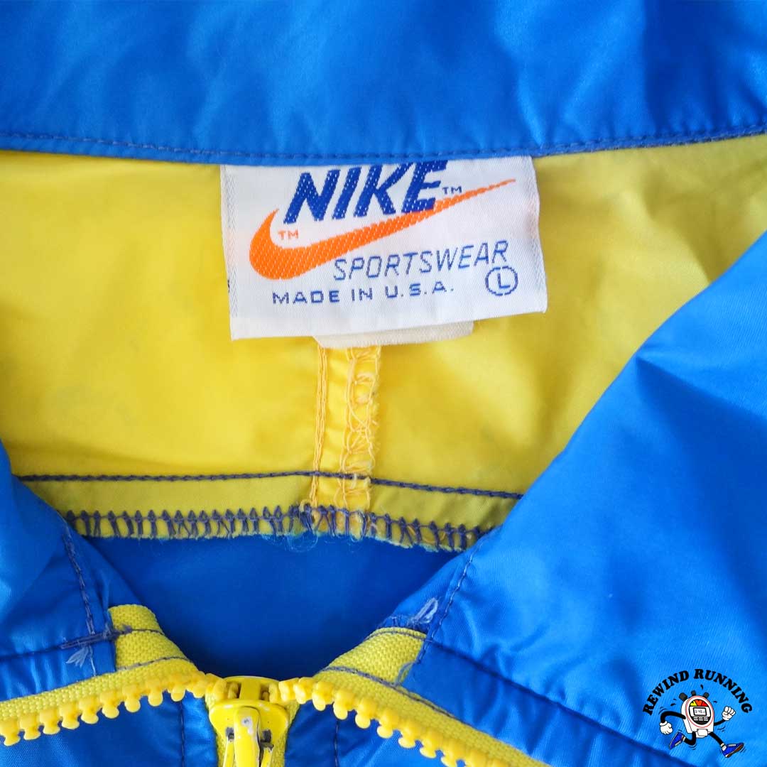 Nike Vintage 70s 80s UCLA Blue & Yellow 1/4 Zip Pullover Windbreaker Anorak L Track Jacket Made in USA "Orange Tag" Neck Label