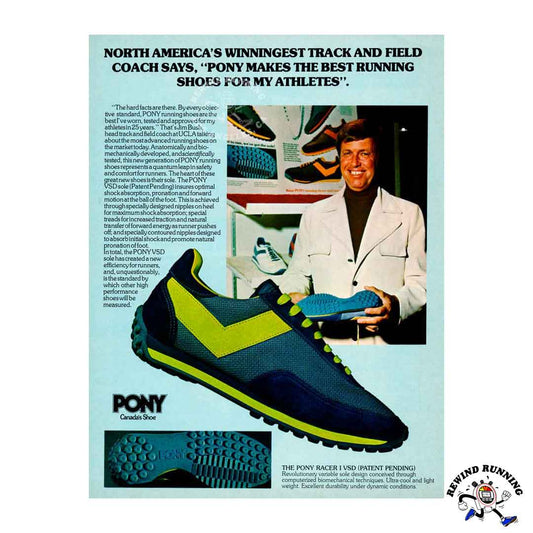 PONY Racer I VSD UCLA Track Coach Jim Bush 1978 Vintage Running Shoes 70s Sneakers print ad