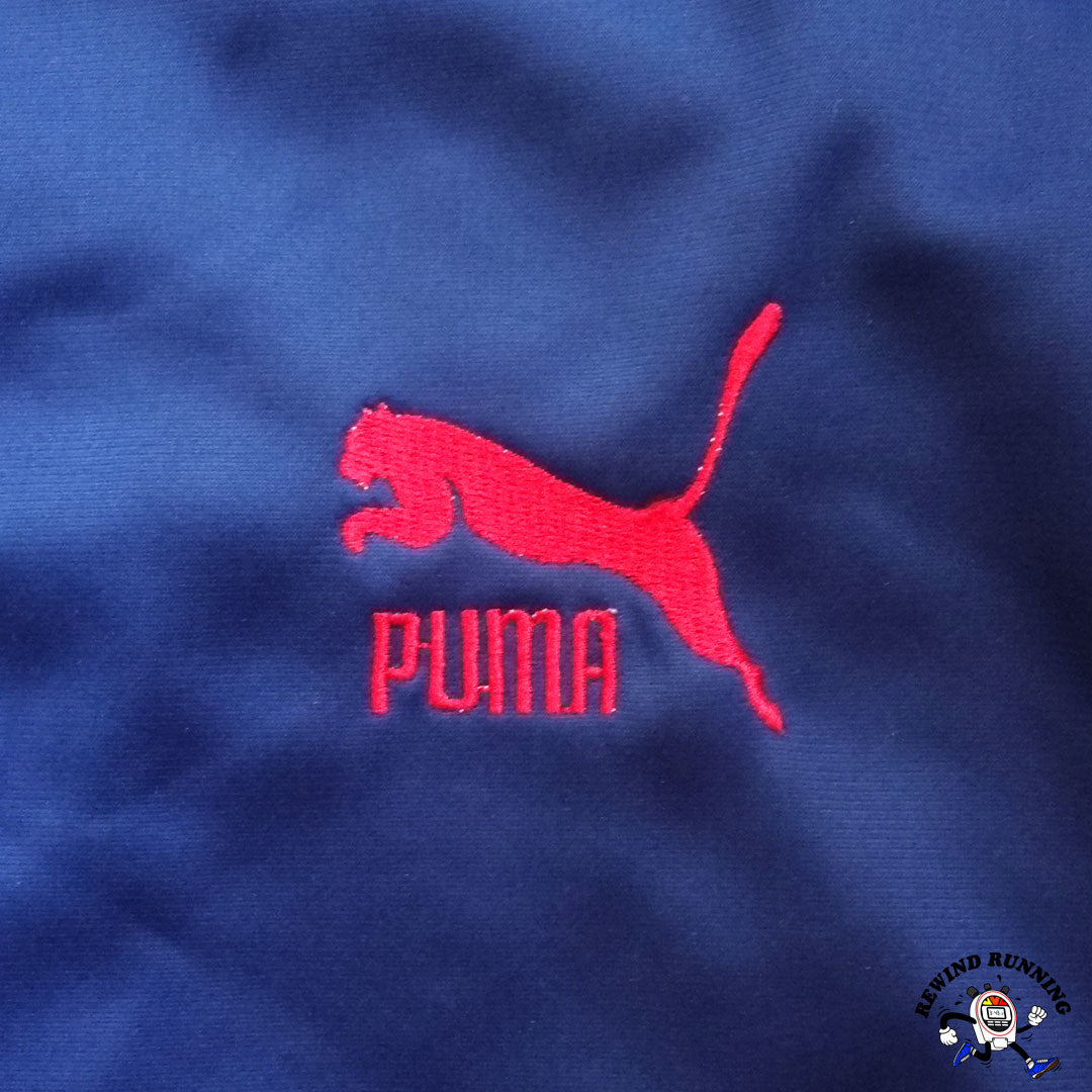 Puma Vintage 70s 80s Blue Red Stripe Zip Track Jacket Running Large Puma Leaping Cat Logo Detail