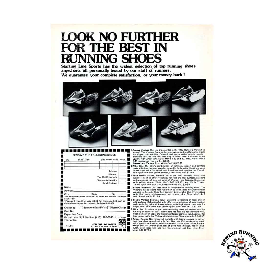 Starting Line Sports 1978 Vintage Print Ad featuring Nike, Adidas, and Brooks 70s Running Shoes