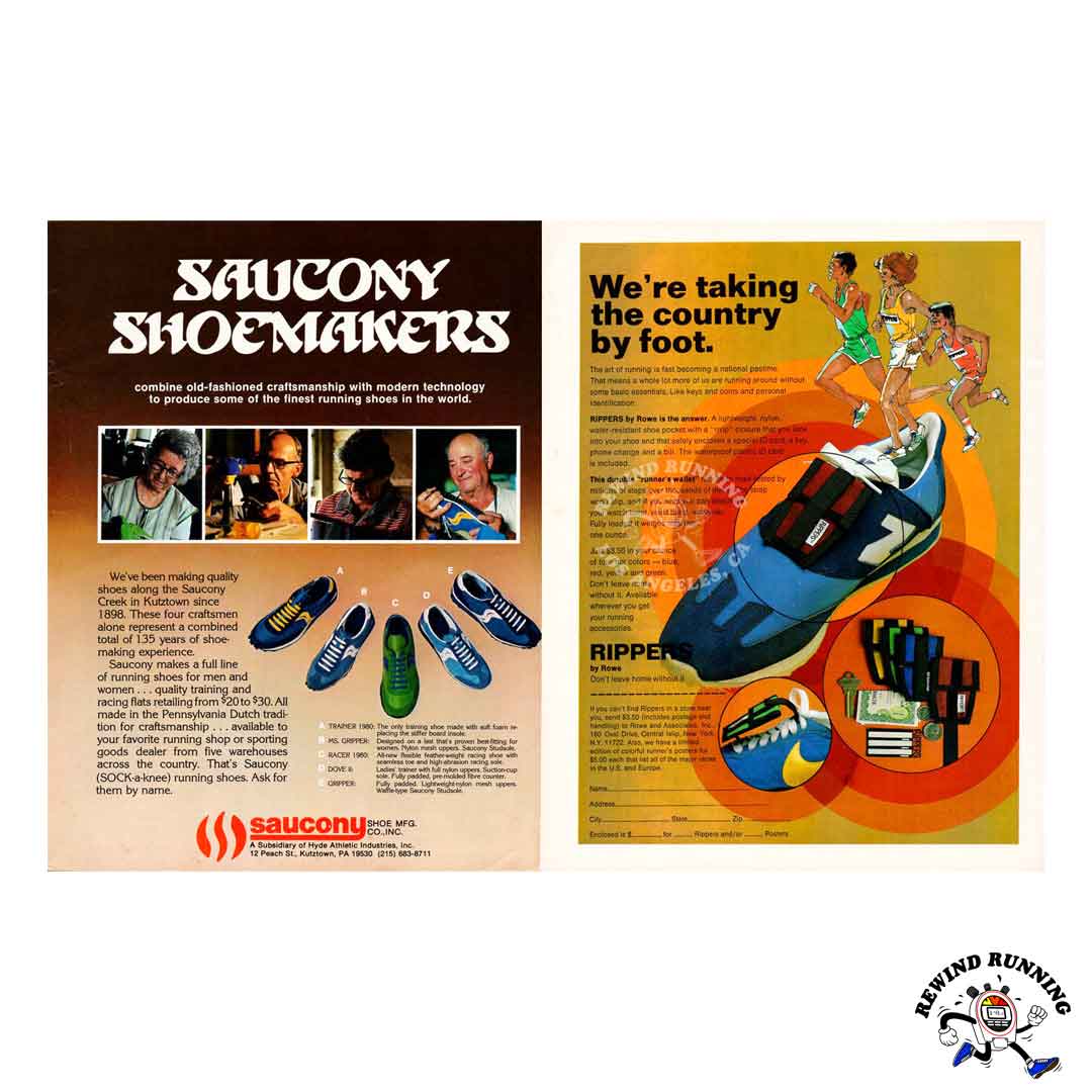 Saucony Shoemakers Trainer 1980, Ms. Gripper, Racer 1980, Dove II and Gripper Vintage Running Shoes Print Ad