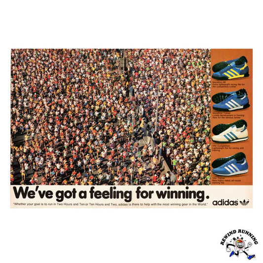 adidas 1980 'We've got a feeling for winning' TRX, Marathon Trainer and Marathon 80 Vintage Running Shoes Sneaker Print Ad