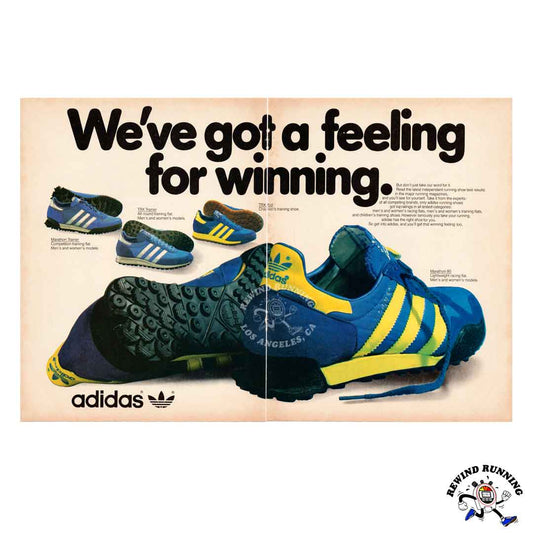 adidas 1980 'We've got a feeling for winning' TRX Trainer, TRX Kid, Marathon Trainer and Marathon 80 Vintage Running Shoes Sneaker Print Ad