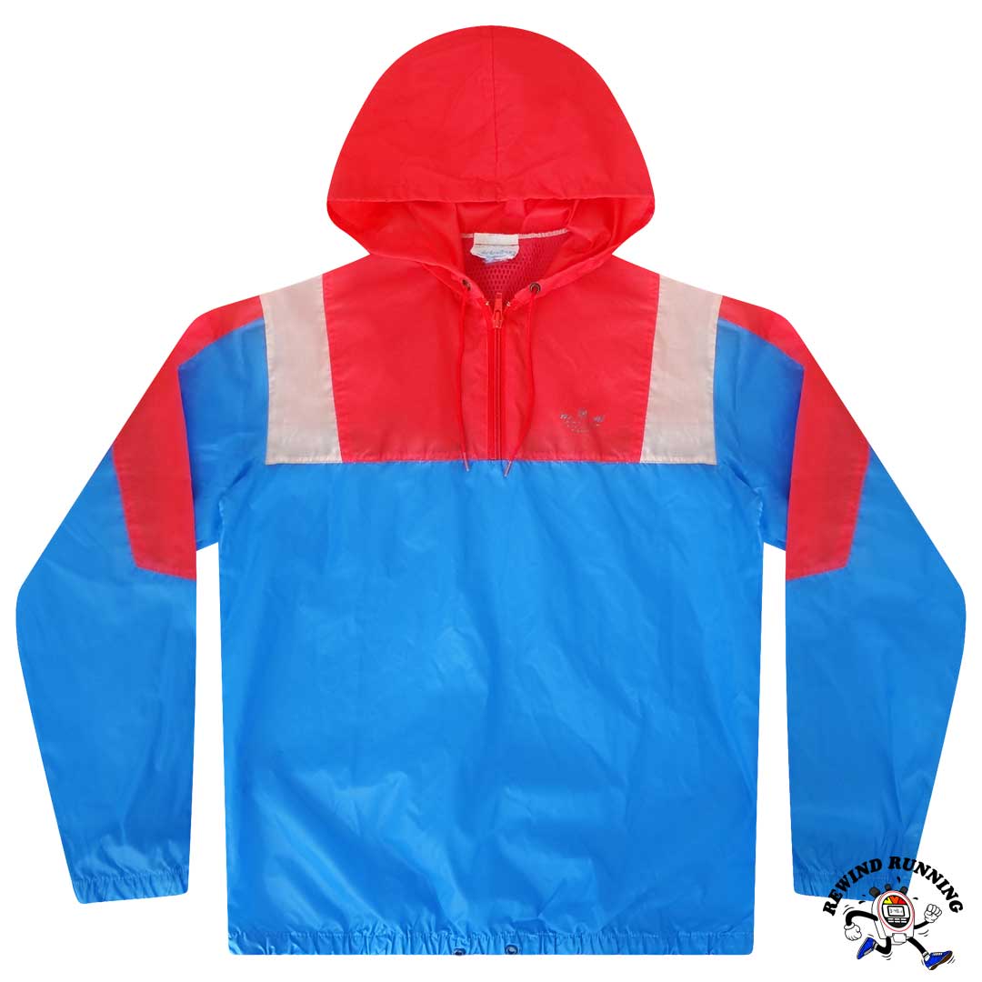 Adidas Vintage Women's 70s 80s Red, Blue, White Trefoil 1/4 Zip Small Hooded Windbreaker Pullover Track Jacket